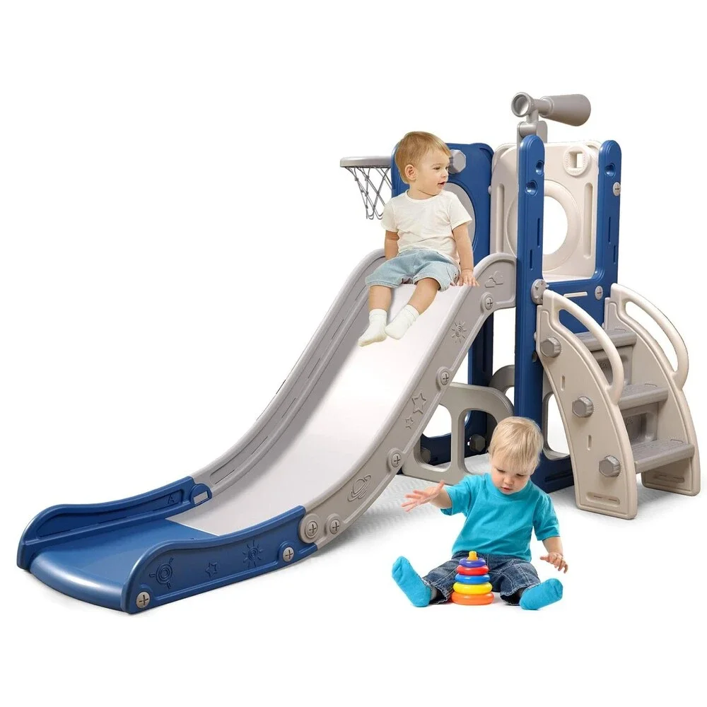 Baotree 6 in 1 Toddler Slide Playset Kids Basketball Hoop Ring Toss White Blue